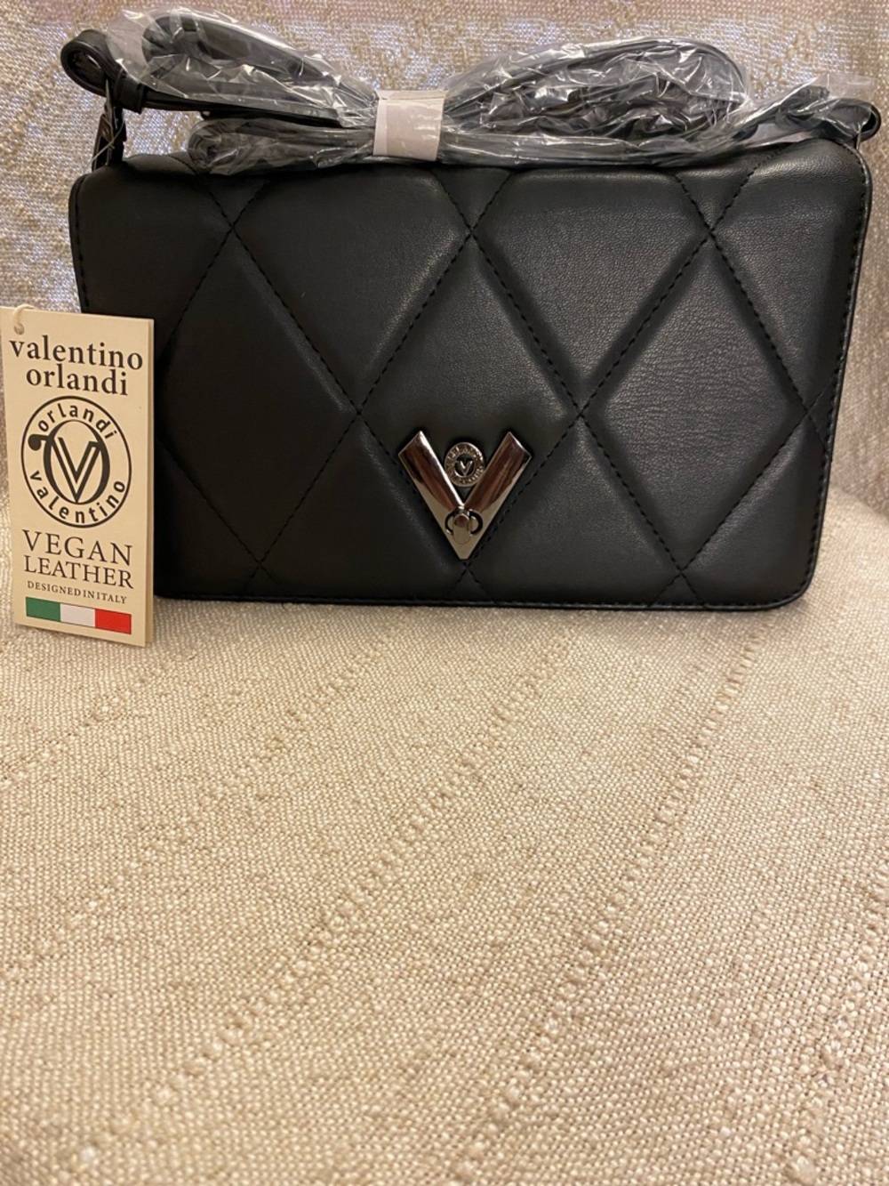 Valentino Orlandi Black Quilted Vegan Leather Crossbody with Silver V Logo